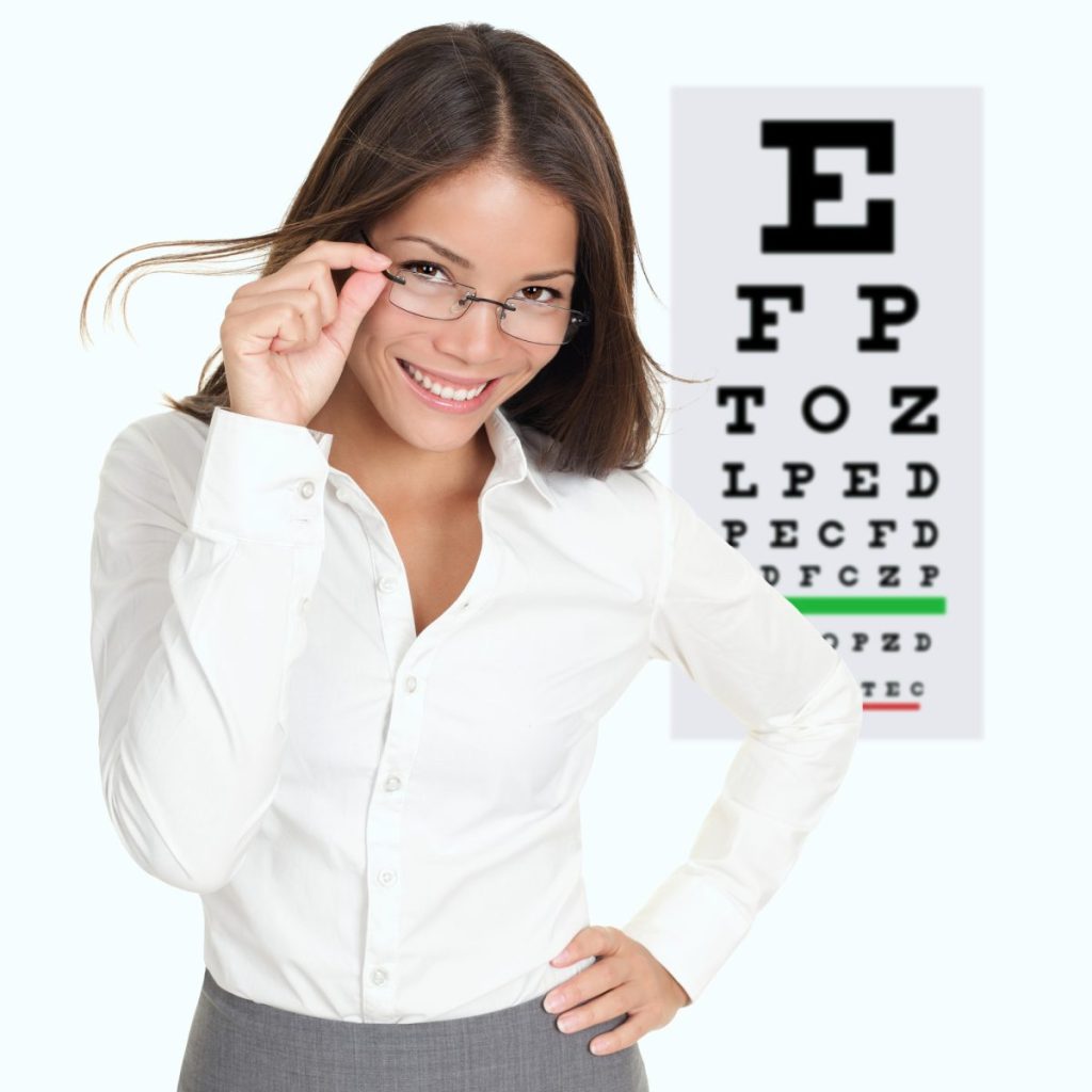 Smiling woman with new glasses next to eye exam chart